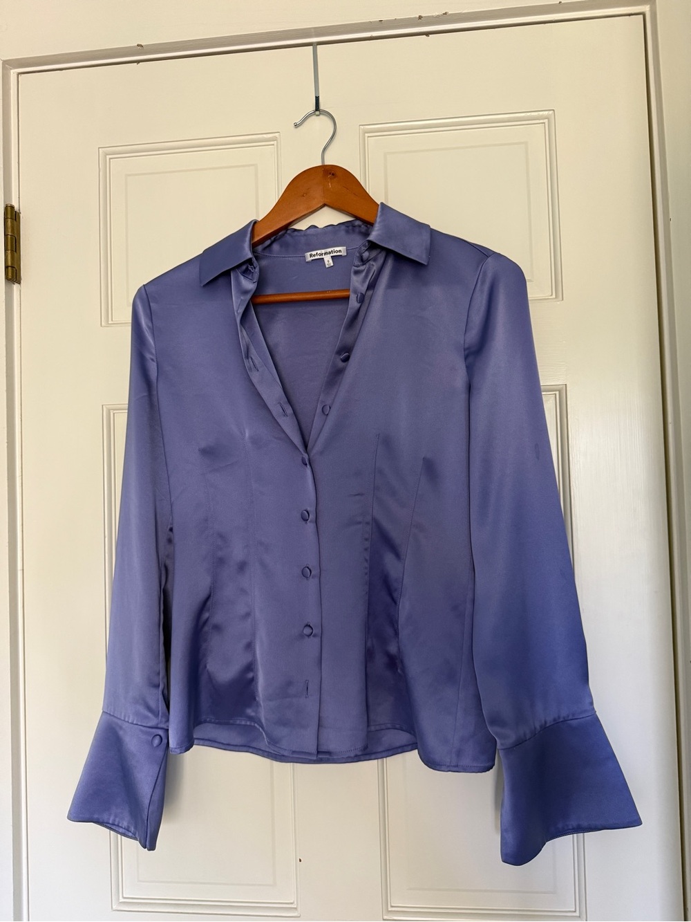 Reformation Satin Lavender Button-Front Blouse